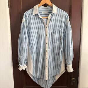FREE PEOPLE We the Free Oversized Blue Stripe Button Down Shirt Extra Small
